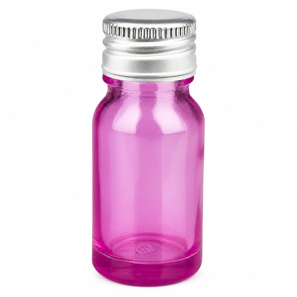 10ml violetti lasipullo, jossa on hopeinen alumiininen kierrekorkki eteerisille öljyille.