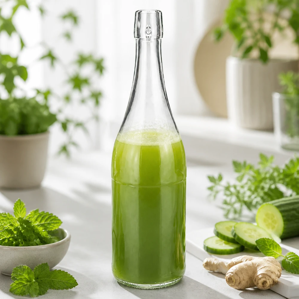 750ml UNiTWIST lasipullo täynnä vihreää smoothieta tuoreiden yrttien välillä kurkku inkivääri terveellinen ravitsemus