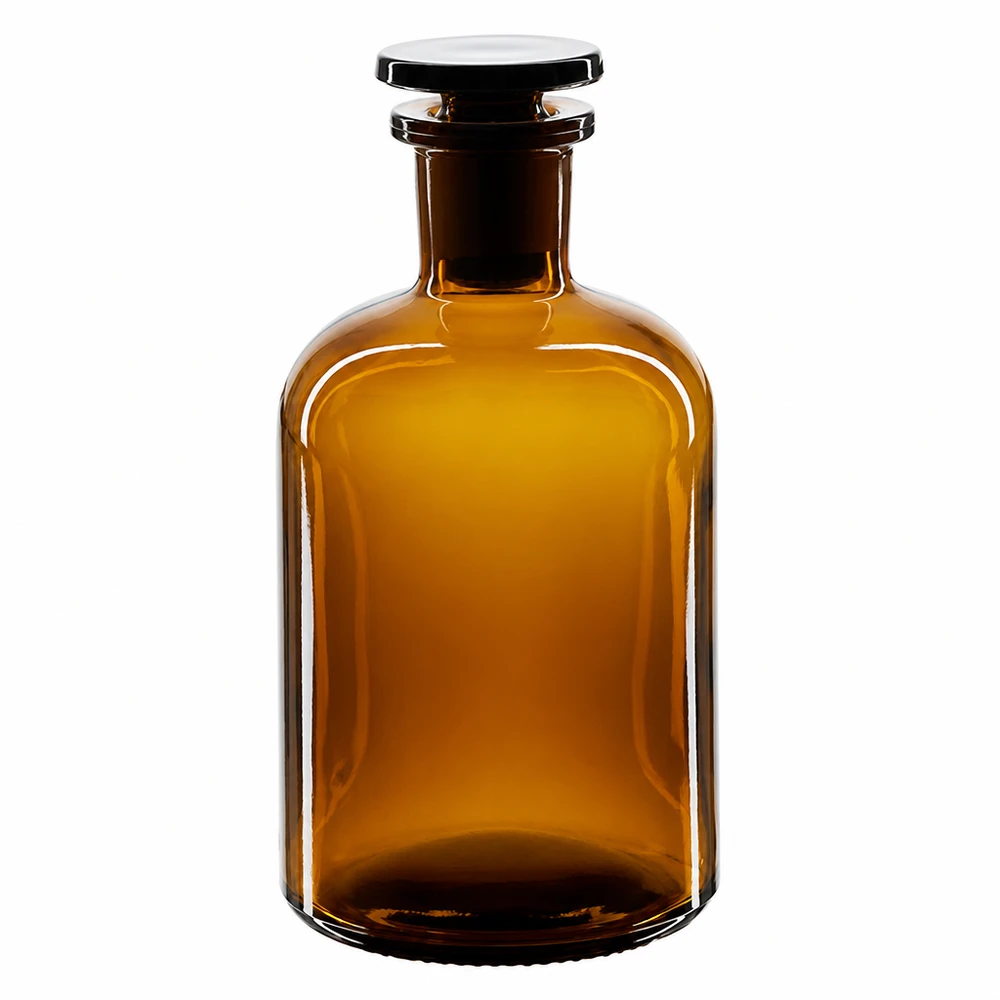 Pyöreä olkapääpullo 250ml ruskea kapeakaulainen lasitulppa Ruskea, pyöreäolkapäinen pullo, 250 ml, lasitulpalla ja kapealla kaulalla, valmistettu korkealaatuisesta laboratoriolasista