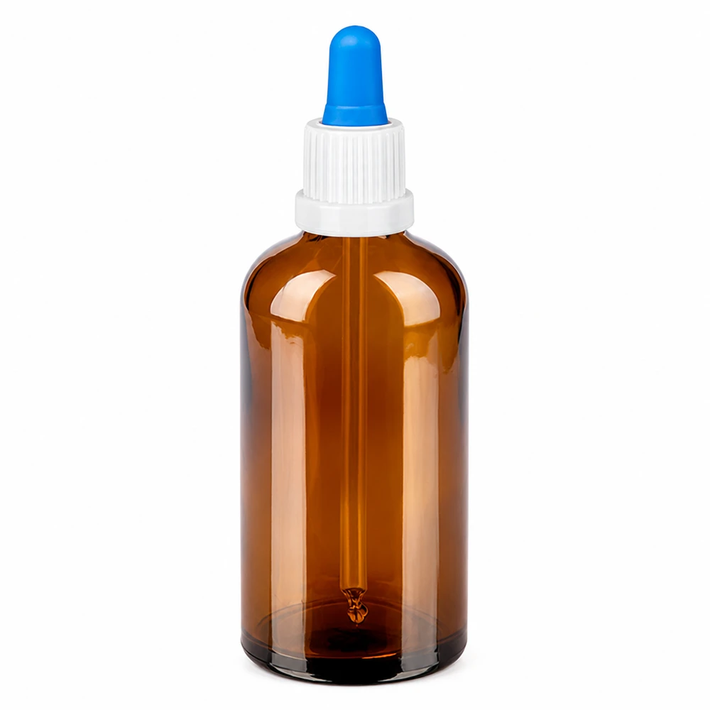 100ml meripihkanvärinen lasipipettipullo, jossa on valkoinen korkki ja sininen pipetti tarkkaa annostelua varten.