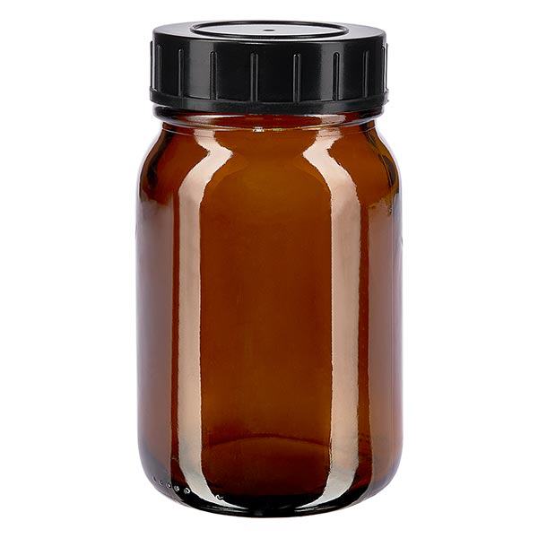 200ml leveäkaulainen meripihkanvärinen lasipullo, jossa on kierrekorkki.