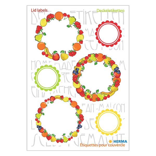 Kannen tarrat "Hedelmät" (18 tarraa) ø24/43mm. Kannen tarrat "Hedelmät" (18 tarraa) ø24/43mm.