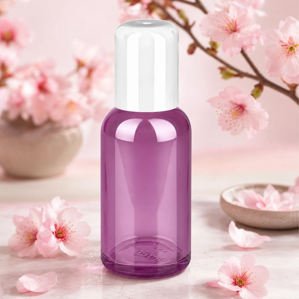 30 ml:n roll-on-pullo valkoinen vakio PurpleLine UT18/30 PurpleLine UT18/30 Violetti lasipullo 30ml, jossa on roll-on-järjestelmä kosmetiikkatuotteiden helppoa annostelua varten.