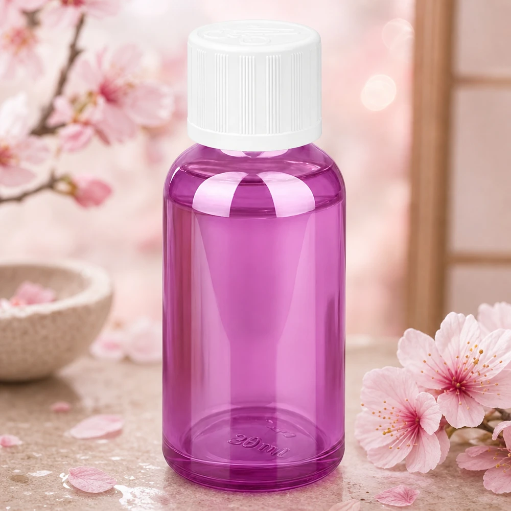 Violetti lasipullo 30ml, jossa on lapsiturvallinen korkki - ihanteellinen nesteiden turvalliseen säilytykseen.