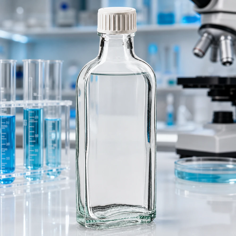 Suorakulmainen 100 ml:n laboratoriopullo kirkkaasta lasista, valkoisella kierrekorkilla ja PE-vaahtomuovisisäkkeellä