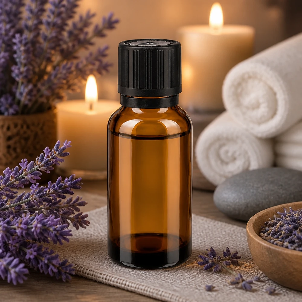 20 ml:n ruskealasi-aromapullo, jossa on musta turvakorkki ja laventelikoriste