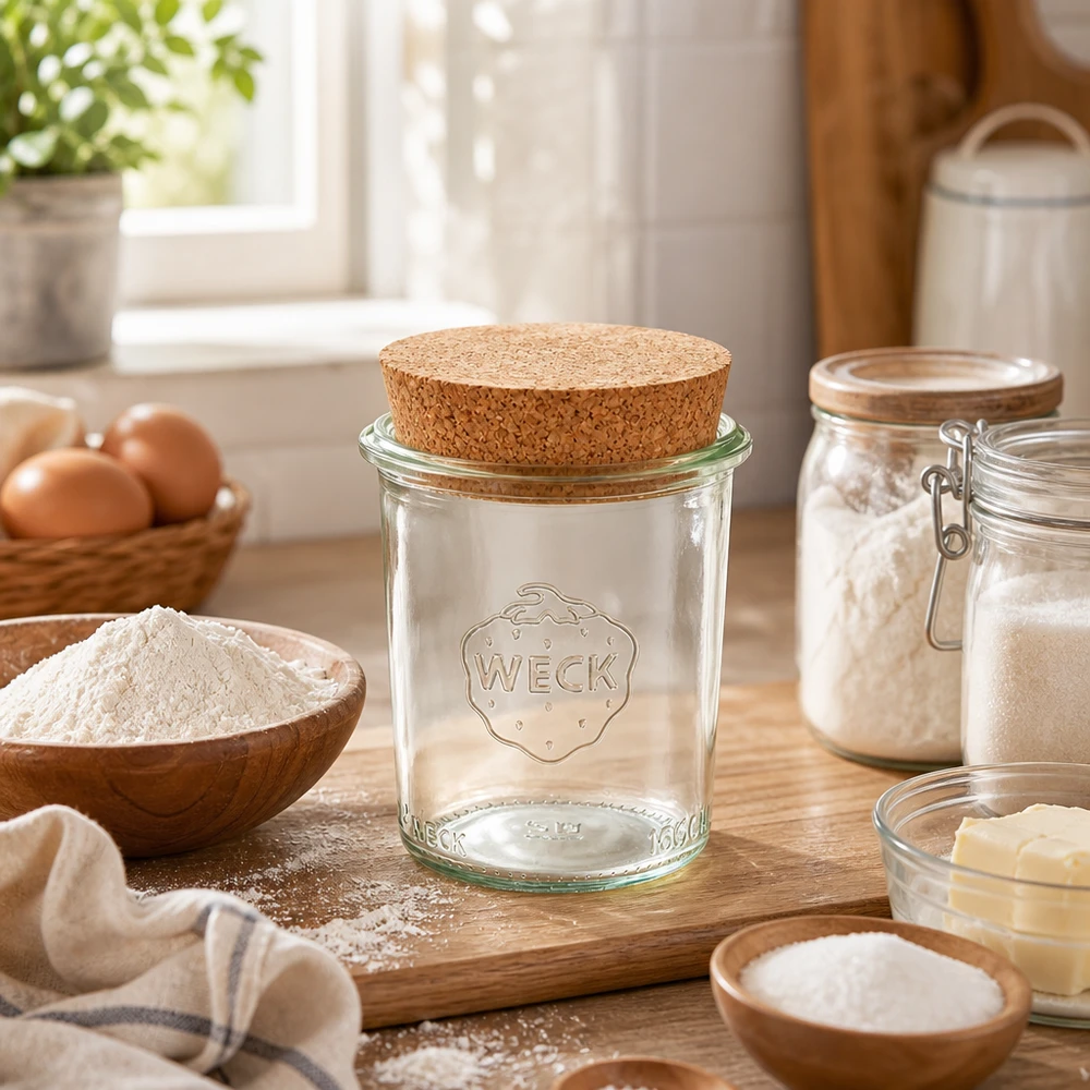 WECK 160ml RR60 muuripurkki, jossa on korkki, puulauta lämpimässä keittiössä leivonta-aineiden, jauhojen ja munien ympäröimänä.