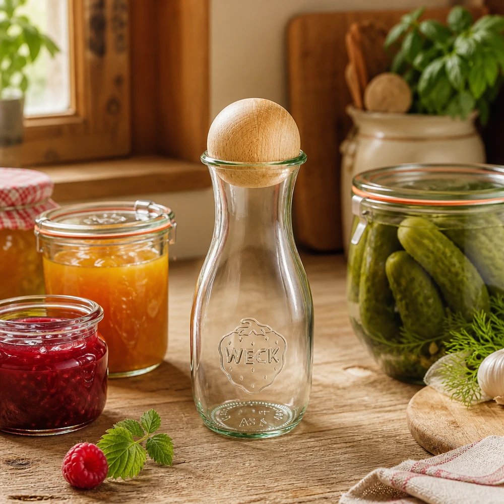 WECK mehupullo 530ml puukorkilla maalaismaisessa keittiössä hillo- ja suolakurkkupurkkien vieressä.