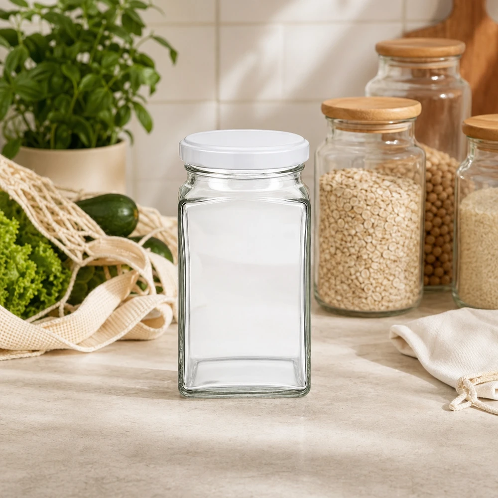 260ml tetrapurkki, jossa on BasicSeal-kansi valkoinen UNiTWIST-pullo. 260ml Tetraglas leer mit weißem Deckel in moderner Küche neben Vorratsgläsern mit Getreide nachhaltige Aufbewahrung