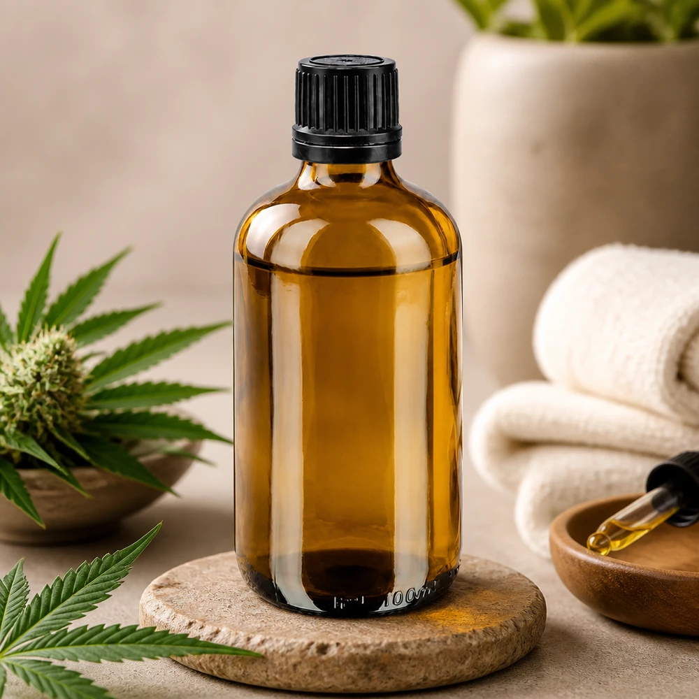 100 ml:n ruskealasiinen tiputuspullo, jossa on musta OV-korkki, kannabiksen CBD-kasvin vieressä