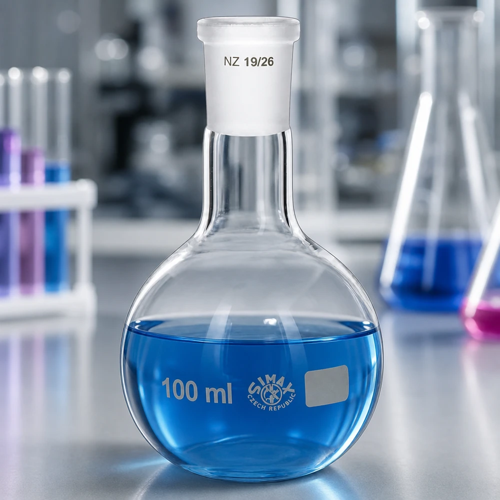 Laboratoriopullo 100 ml sinistä nestettä - borosilikaattilasi, jossa on standardoitu 19/26 hiottu liitos.