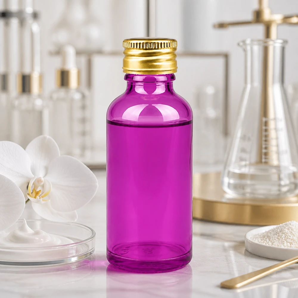50ml pullo 11mm kierrekorkki alumiininen kultainen standardi PurpleLine. UT18/50 Kompakti 50 ml:n violetti lasipullo STD-kierteellä ja premium-alumiinikorkilla pienille tuotemäärille.