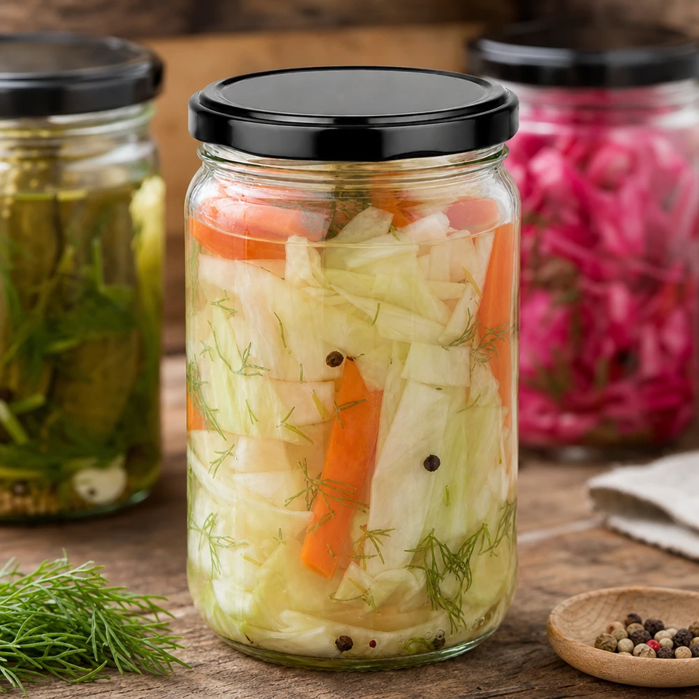 305ml pyöreä purkki, jossa on BasicSeal-kansi musta UNiTWIST. 305ml Rundglas UNiTWIST mit schwarzem Deckel für eingelegtes Gemüse mit Dill und Gewürzen auf Holztisch