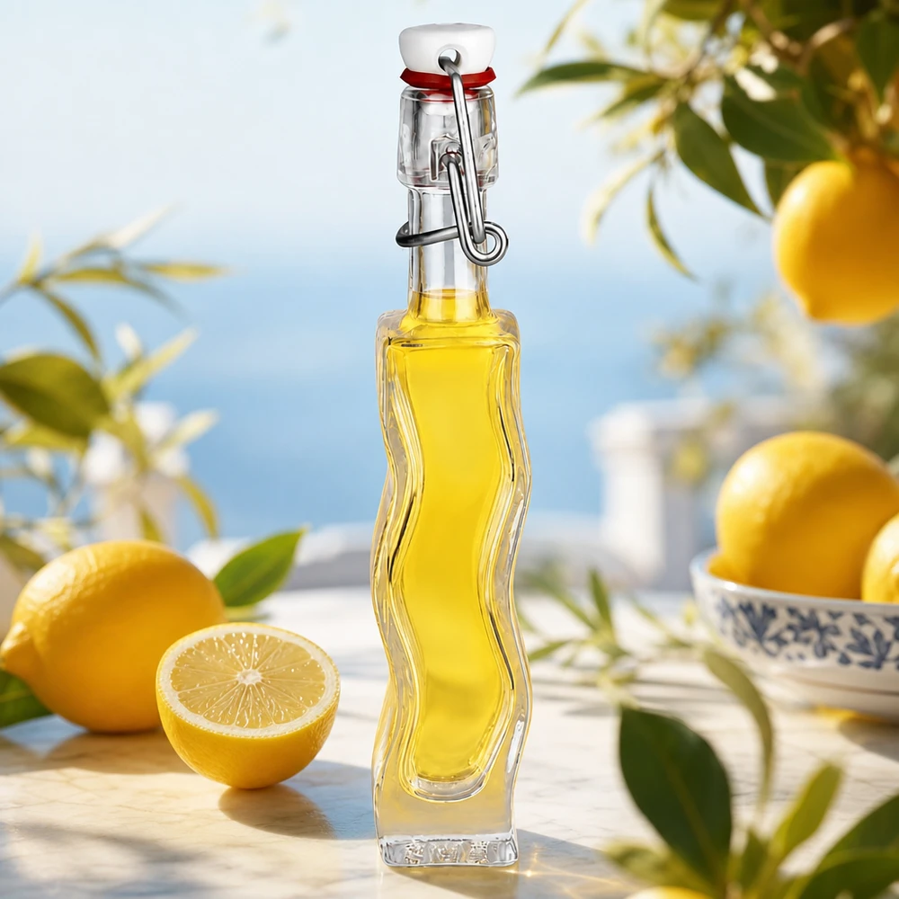 40ml Glasflasche "Anna" mit PVC Bügelverschluss UNiTWIST 40ml Glasflasche Anna mit gelber Zitronenessenz auf weißer Marmorplatte mit frischen Zitronen und Kräutern im Mediterran
