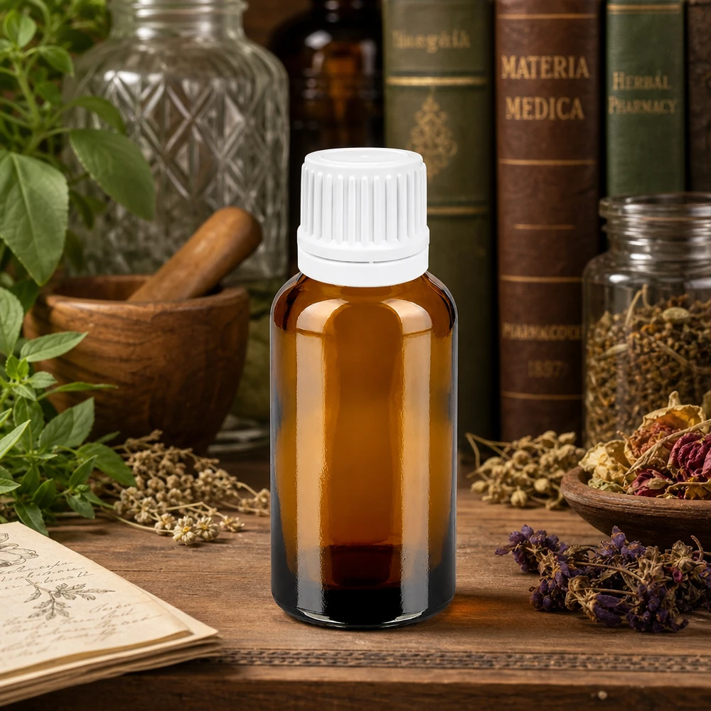 Kompakti 30ml lasipullo, jossa on UV-suoja ja käytännöllinen tiputuskorkki naturopatiaa varten.