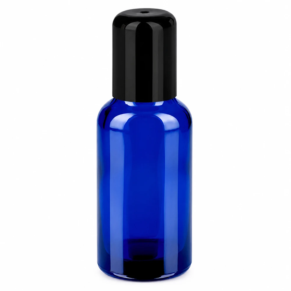30ml roll-on-pullo musta vakiokorkki BlueLine UT18/30 30ml roll-on-pullo, sininen, musta korkki kosmeettisiin sovelluksiin.
