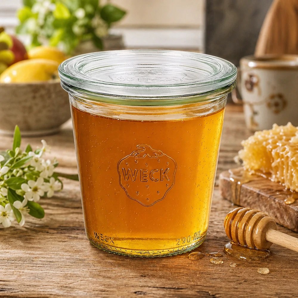 WECK-maljat 290ml RR80 täynnä kultaista hunajaa ja hunajalusikka esimerkkinä käytöstä maalaismaisemassa.