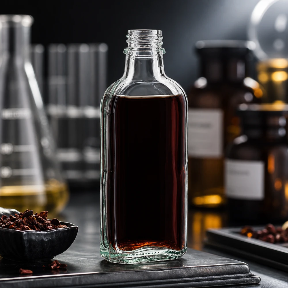 Ruskea neste 100 ml:n Meplat-pullossa, läpinäkyvä, DIN22-korkilla, laboratoriokäytössä