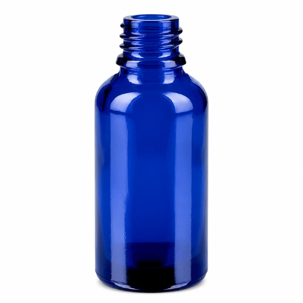 Sininen lasipullo 30ml, jossa on ruuvikierre tippakorkkia ja tarkkaa annostelua varten.