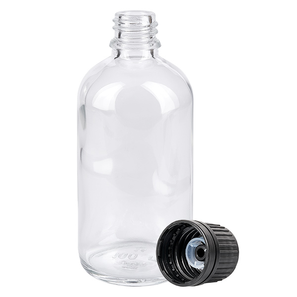 100ml pallopullo 8mm kaatorengas musta vakiosuljin ClearLine UT18/1 ClearLine UT18/1 Tyhjä 100 ml:n apteekkipullo kirkkaasta lasista, 18 mm:n kierteellä ja mustalla tippakorkilla