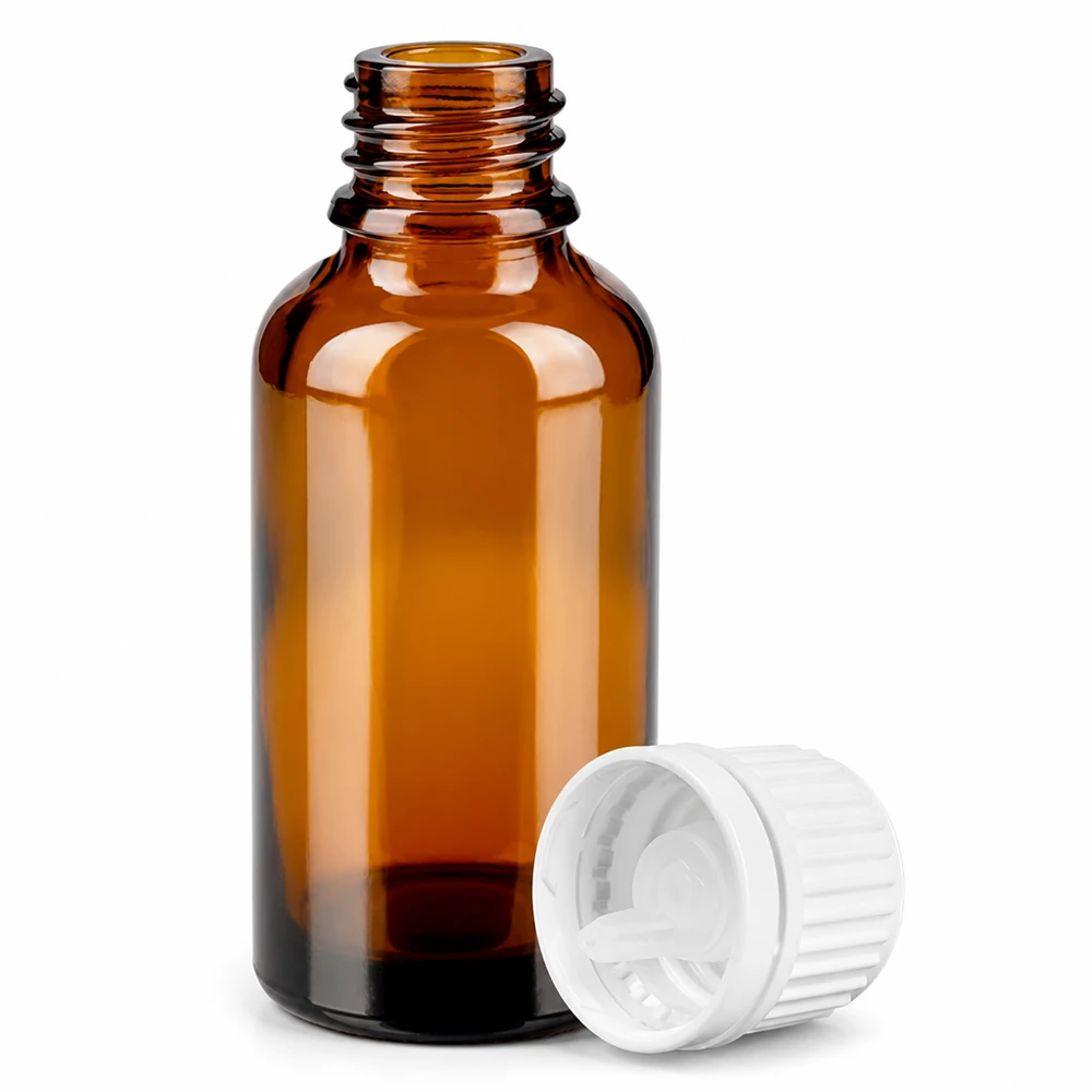 30ml tippapullo 0.7mm valkoinen väärentämisen estävä sulkeminen BrownLine UT18/30 30ml tippapullo UV-suojatusta meripihkalasista, jossa on lapsiturvallinen korkki eteerisille öljyille.