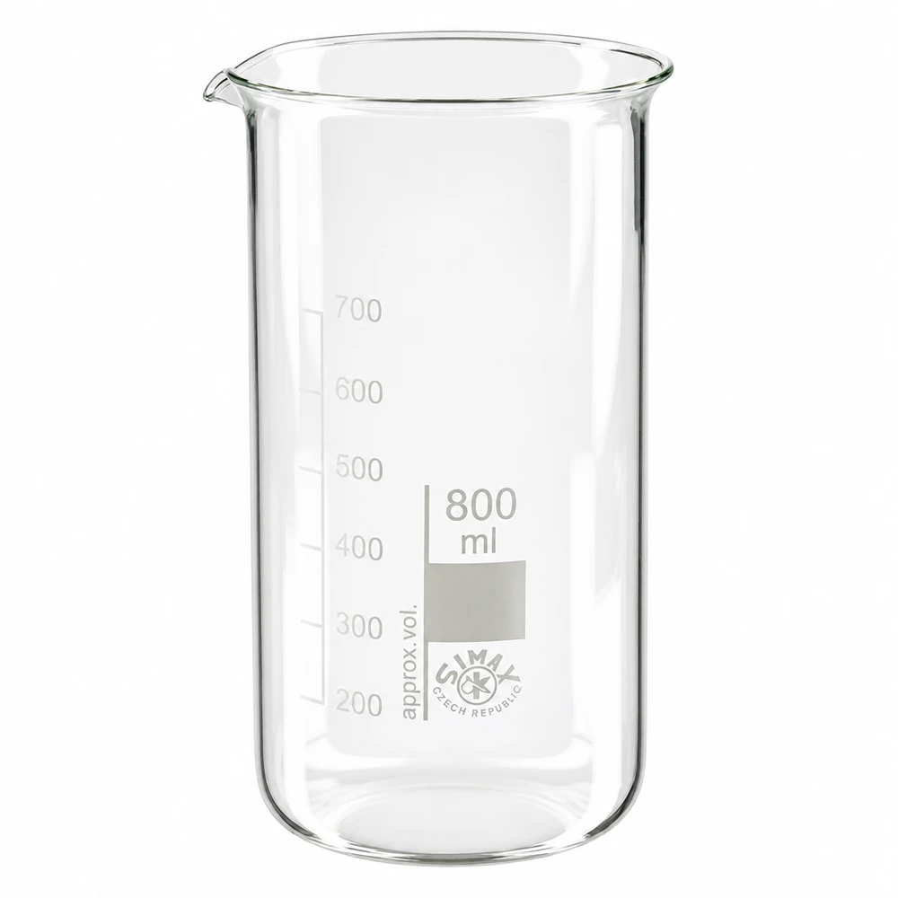 SIMAX Czech Republicin valmistama 800 ml:n korkea borosilikaattilasinen mittalasi, jossa on millilitra-asteikko