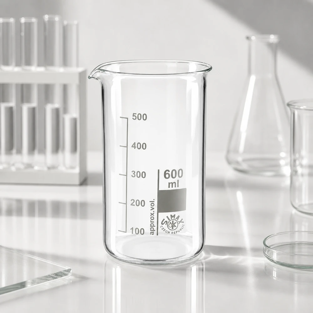 600 ml borosilikaattilasi, korkea muotoinen juomalasi Tyhjä 600 ml:n korkea mittalasi, valmistettu kirkkaasta borosilikaattilasista, millimetrimittakaavalla, laboratoriokäyttöön