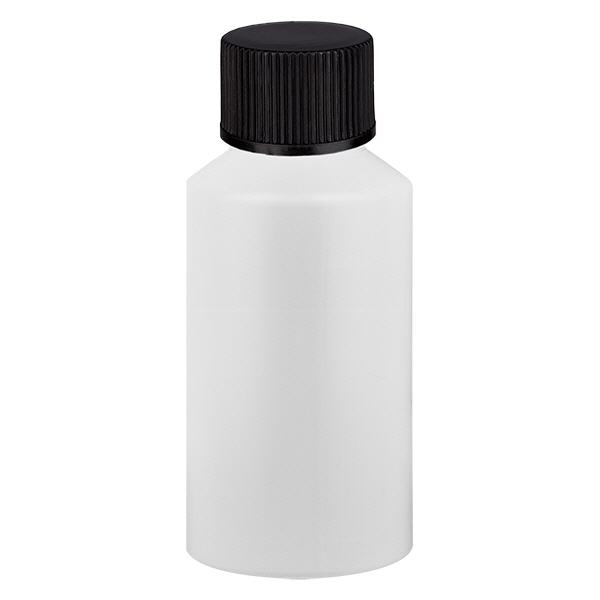 Apteekkipullo HDPE 50ml valkoinen, mustalla kierrekorkilla Apteekkipullo HDPE 50ml valkoinen, mustalla kierrekorkilla