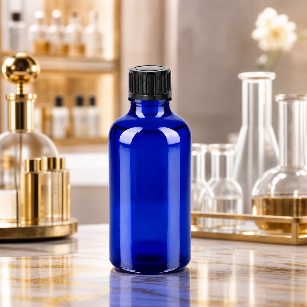 50ml pullo 11mm kierrekorkki musta vakio BlueLine UT18/50 Tyylikäs 50 ml:n laboratoriopullo voimakkaan koboltinsinisellä UV-suojalla valolle herkille aineille.