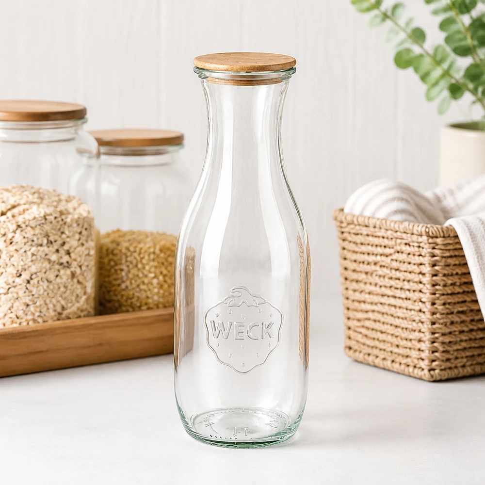 1062ml mehupullo WECK RR60, jossa on puukansi WECK mehupullo 1062ml RR60 tyhjä puukannella keittiön tiskipöydällä koritavaroiden ja säilytyspurkkien vieressä, joissa on muroja.