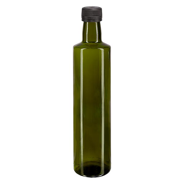 500ml kierrekorkkipullo pyöreä oliivinvihreä, jossa on musta korkki.