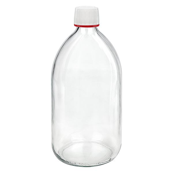 1000ml lääkepullo kirkas, korkki valkoinen, jossa peukaloinnin estävä rengas punainen ApoGlas 1000ml lääkepullo kirkas, korkki valkoinen, jossa peukaloinnin estävä rengas punainen ApoGlas