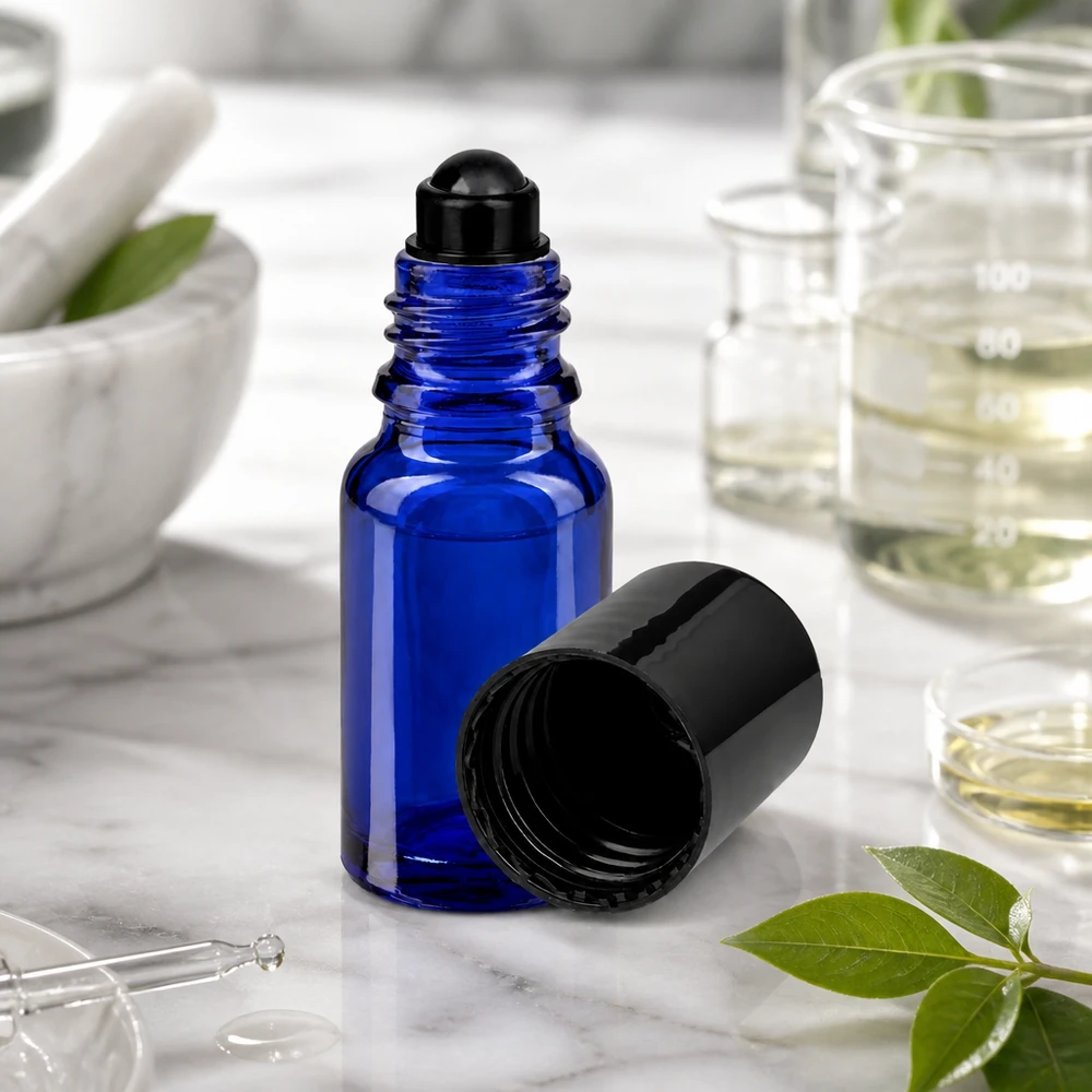 Avoin sininen 10 ml:n ApoGlas-roll-on-pullo, josta on irrotettu musta kierrekorkki, marmorilla