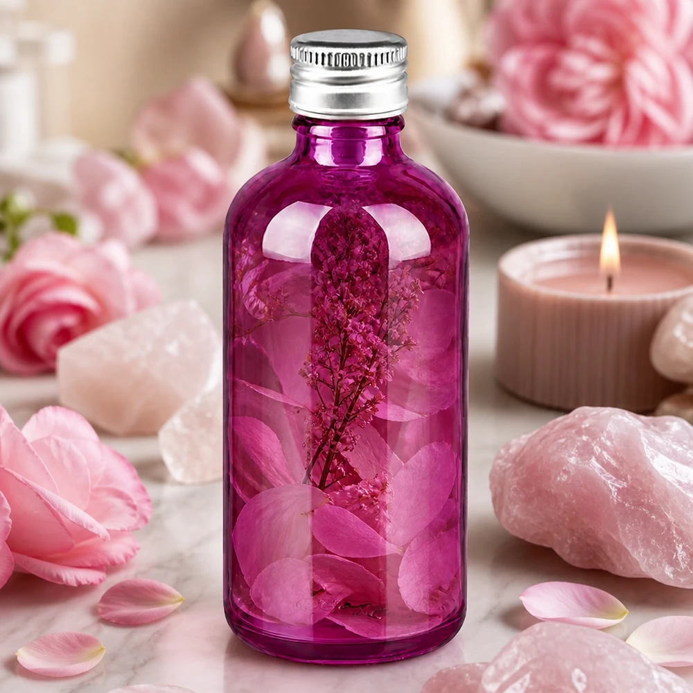 Tyylikäs 100 ml:n lasipullo, jossa on 11 mm:n kierre ja matta alumiinikorkki kirkkaan violetissa värissä.
