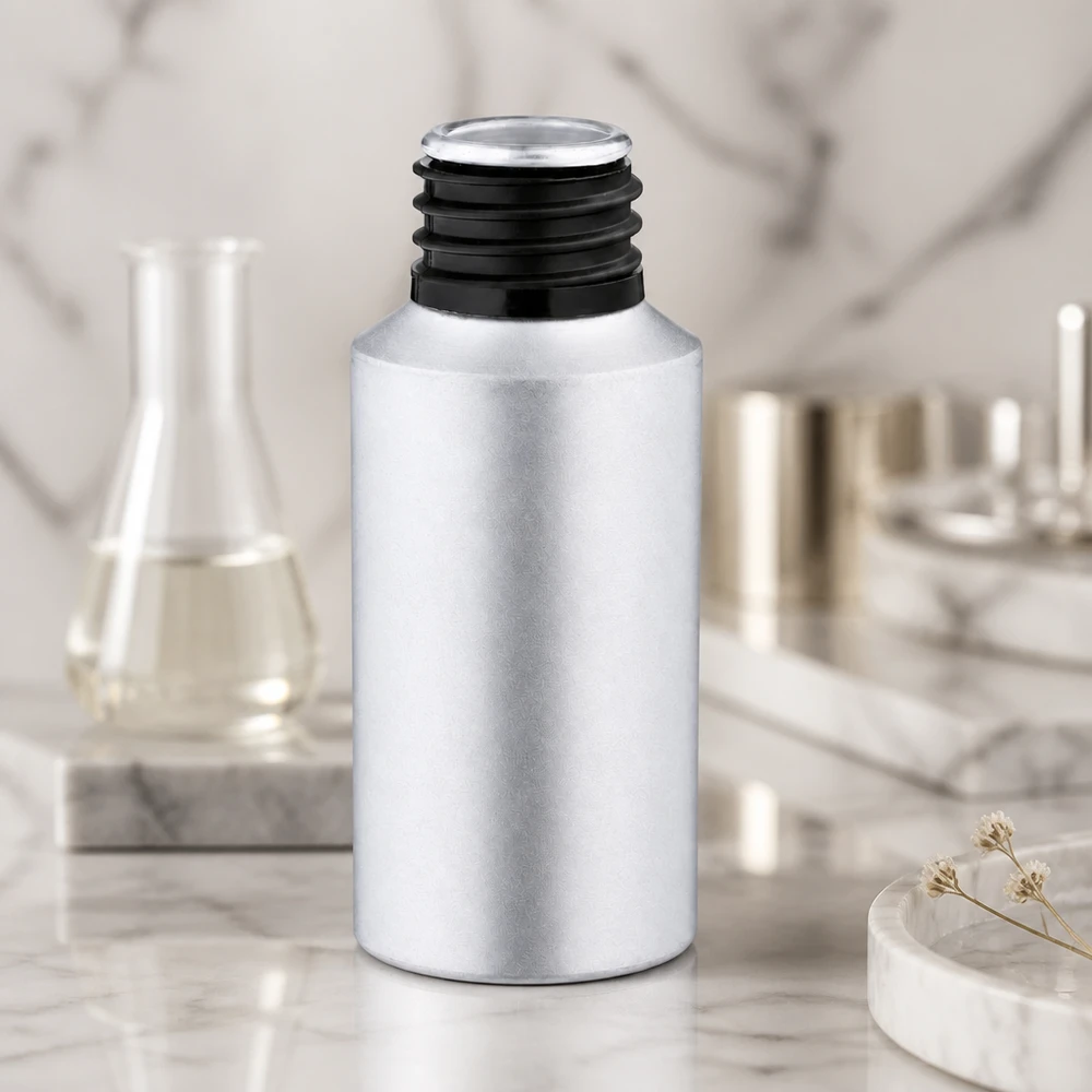 Pieni 30ml alumiinipullo mustalla kierrekorkilla aromaterapiaan ja luonnonkosmetiikkaan.