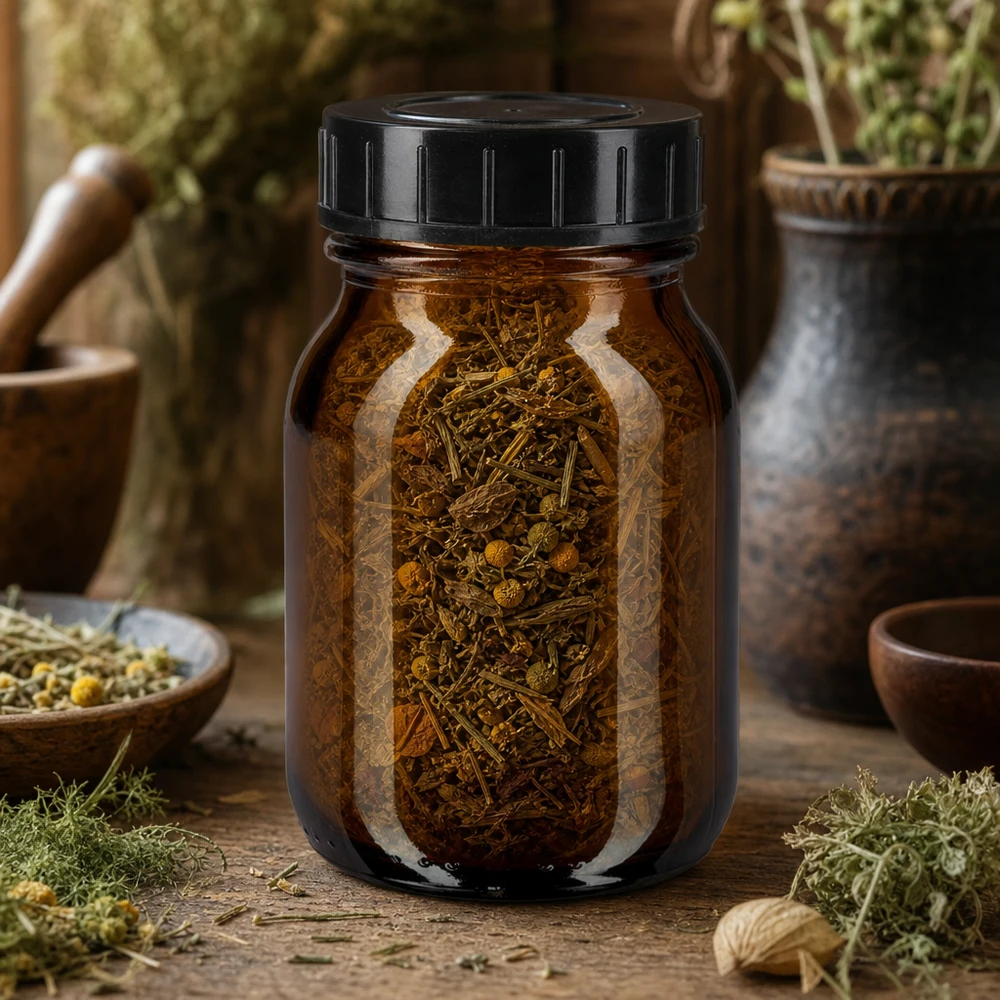 75ml leveäkaulainen pullo meripihkalasista, jossa on kierrekorkki. Vielseitige 75ml Weithalsflasche Braunglas mit dichtem Verschluss für Küche und Hausapotheke