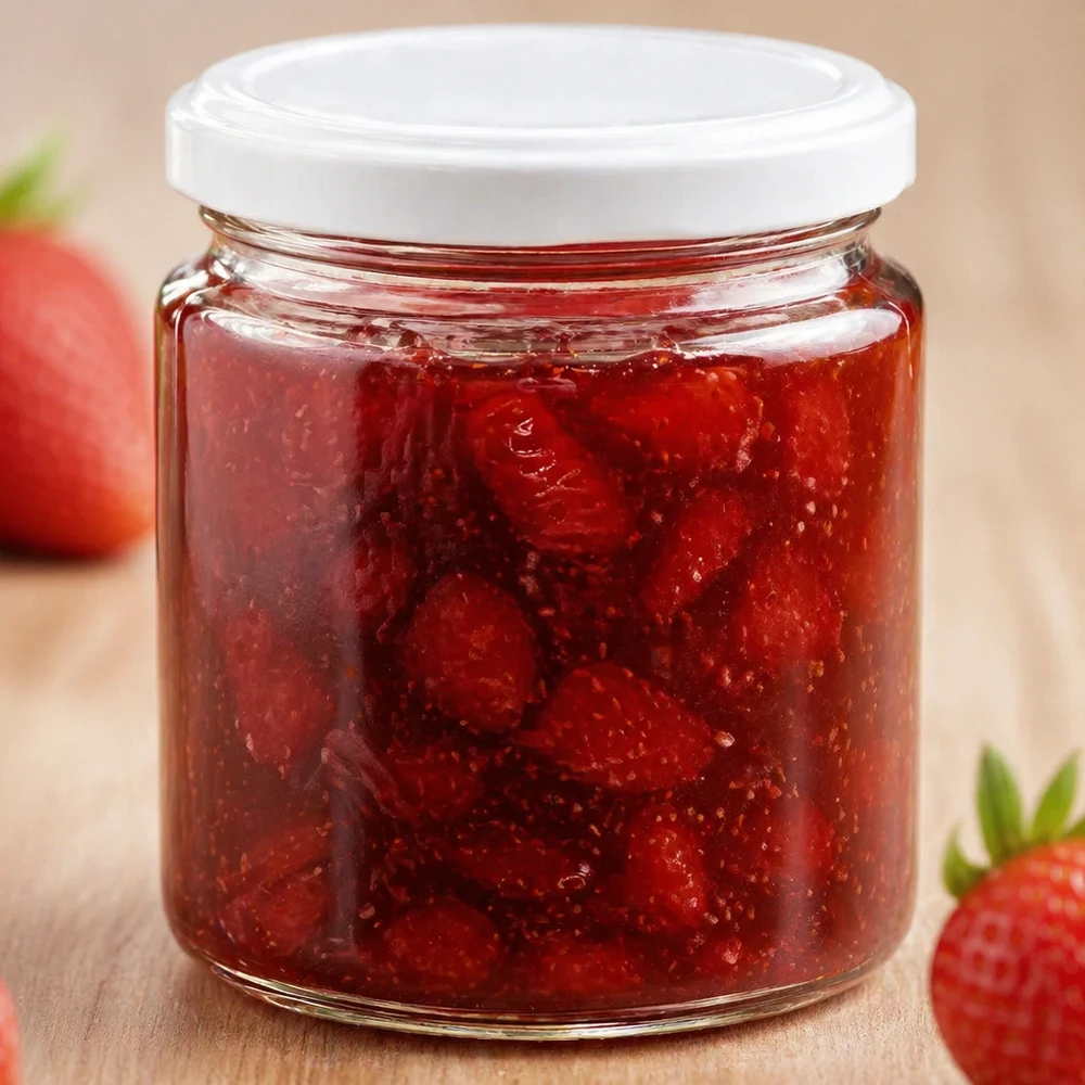350g Honigglas + BasicSeal Deckel weiß UNiTWIST 250ml hunajapurkki, jossa on valkoinen UNiTWIST-kansi, täynnä punaista mansikkahilloa tuoreiden mansikoiden vieressä.