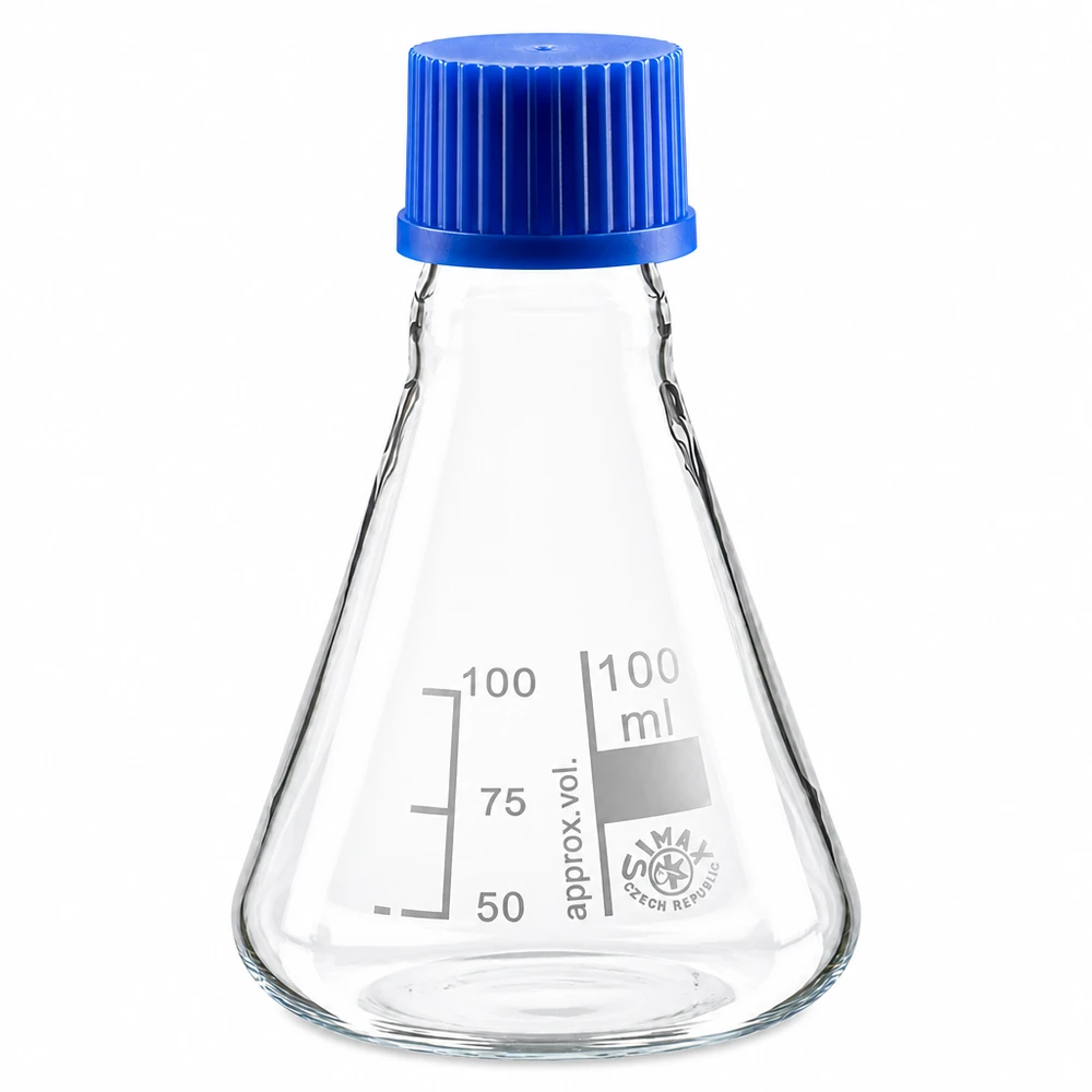 Erlenmeyer-pullo 100ml, jossa on kierrekorkki. Kartiomainen Erlenmeyer-pullo 100ml, jossa on käytännöllinen sininen muovinen kierrekorkki.
