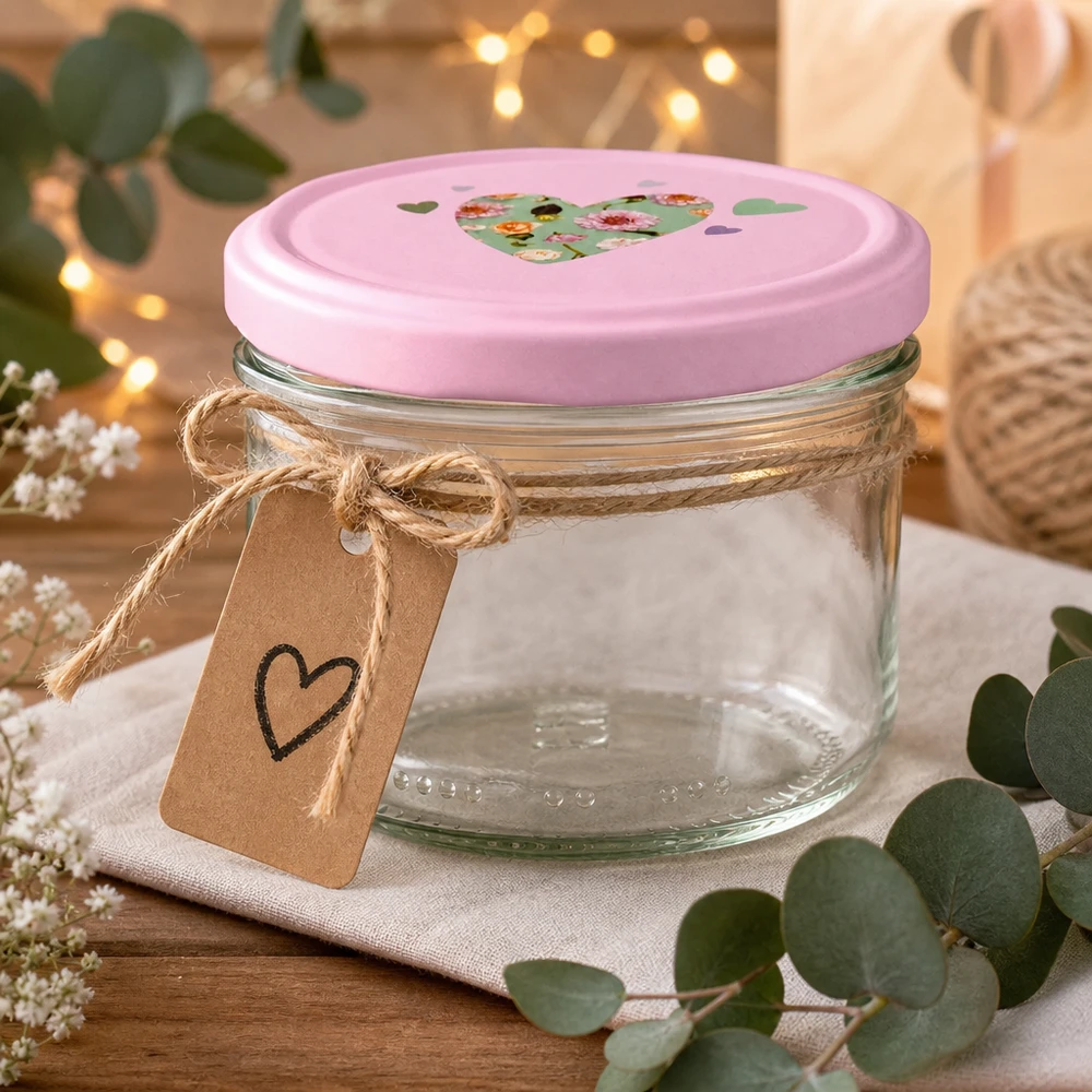230ml sylinteripurkki + BasicSeal kansi sydän pinkki 230ml sylinteripurkki vaaleanpunaisella sydänkannella, joka on koristeltu juuttinauhalla, riipuksella ja eukalyptuksella lahjaideaksi.