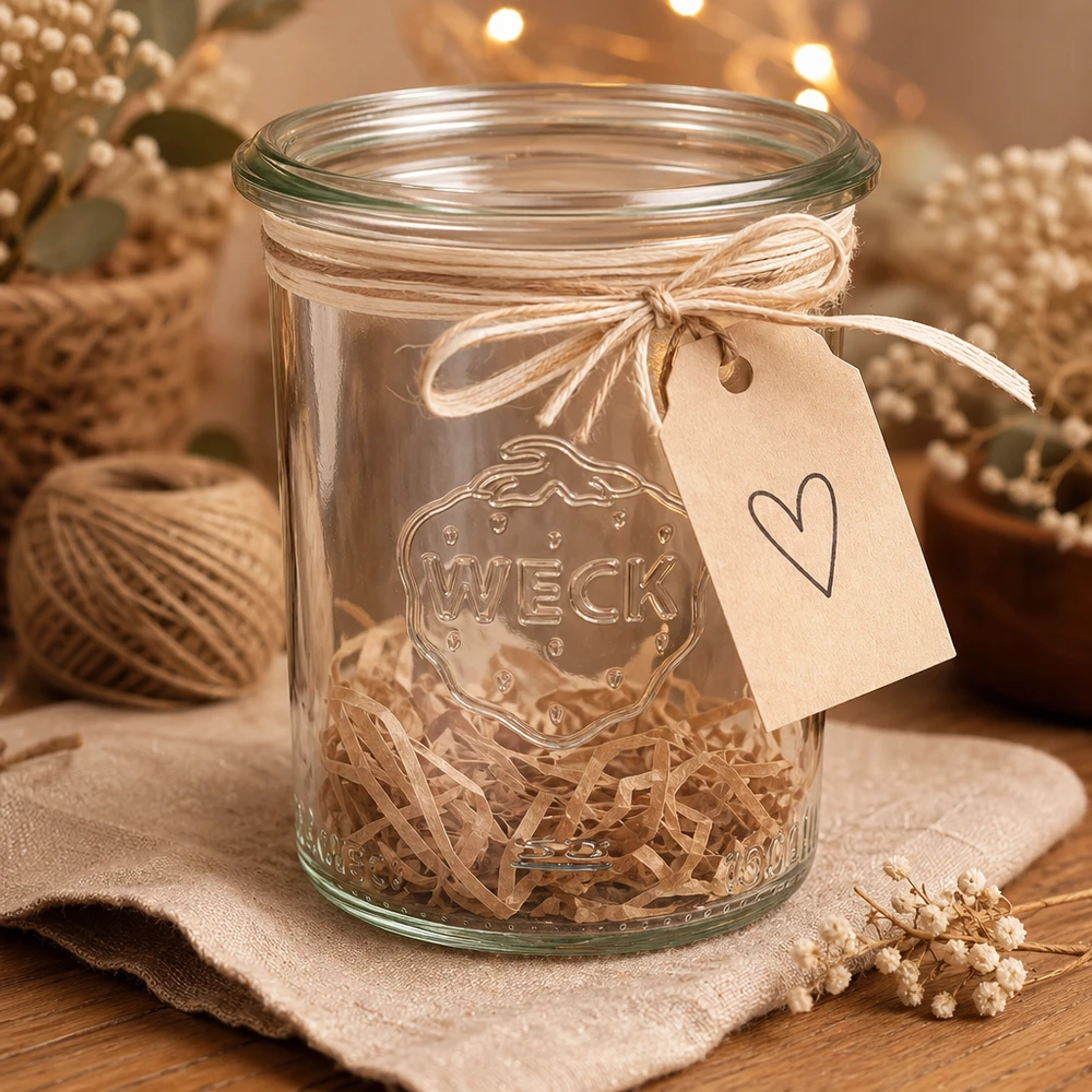 160ml tumblers WECK RR60 sydän riipus ja raffia merkkijono koristeltu lahjapakkaus puupöydällä.
