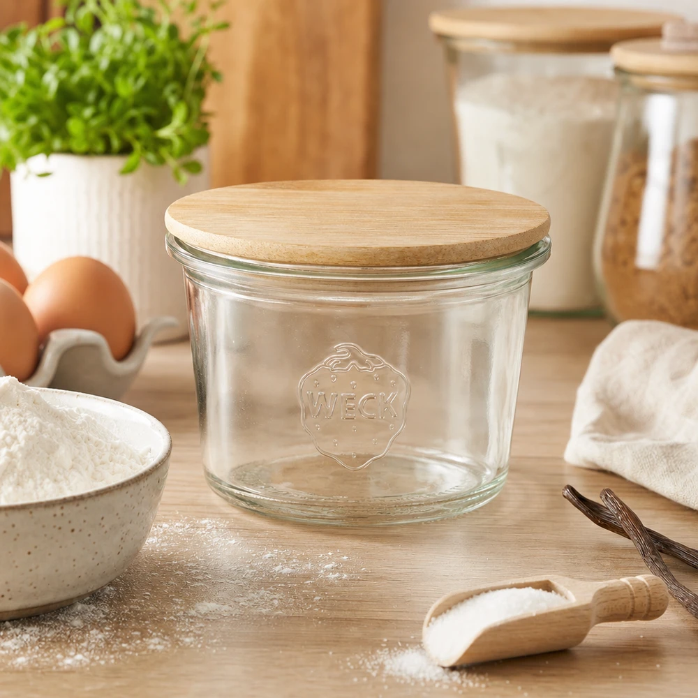 WECK Mini Sturzglas 35ml RR40 mit Bambus Holzdeckel in moderner Küche zwischen Backzutaten Mehl und Eiern