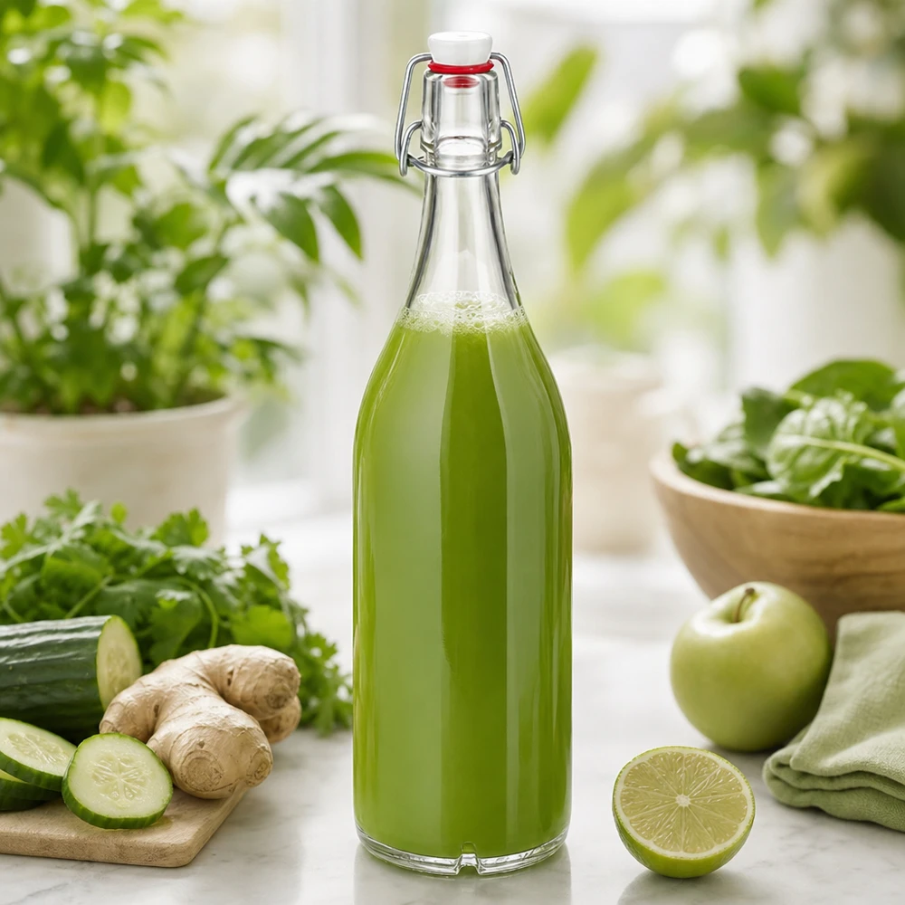 1000ml lasipullo + keinuposliini UNiTWIST UNiTWIST 1000 ml:n lasipullo, jossa on keinukorkki, täynnä vihreää mehua, jota ympäröivät tuoreet ainesosat, kuten kurkku-inkivääri.