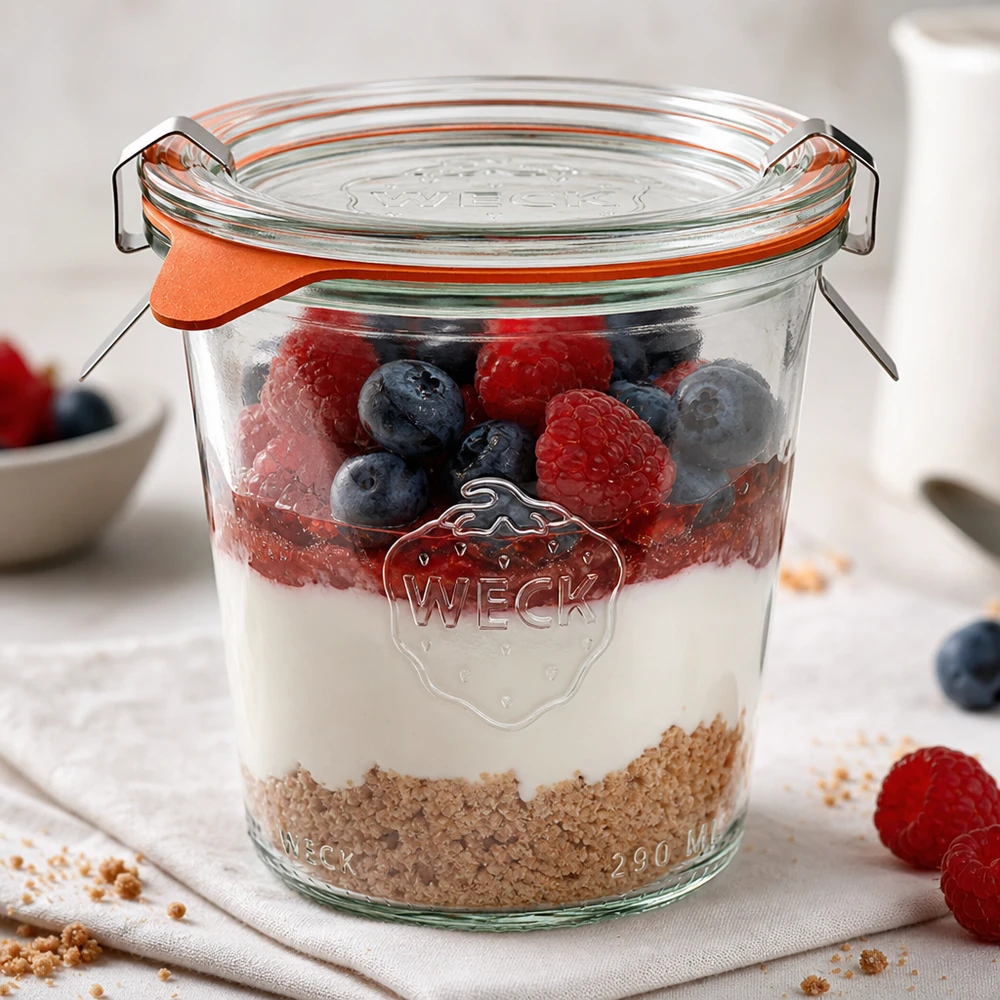 290ml korkea lasipurkki täydellinen WECK RR80 WECK tumblers 290ml RR80 jälkiruokapurkki, jossa on jogurtti marjoja ja mysliä kerroksittain valkoisella pinnalla.