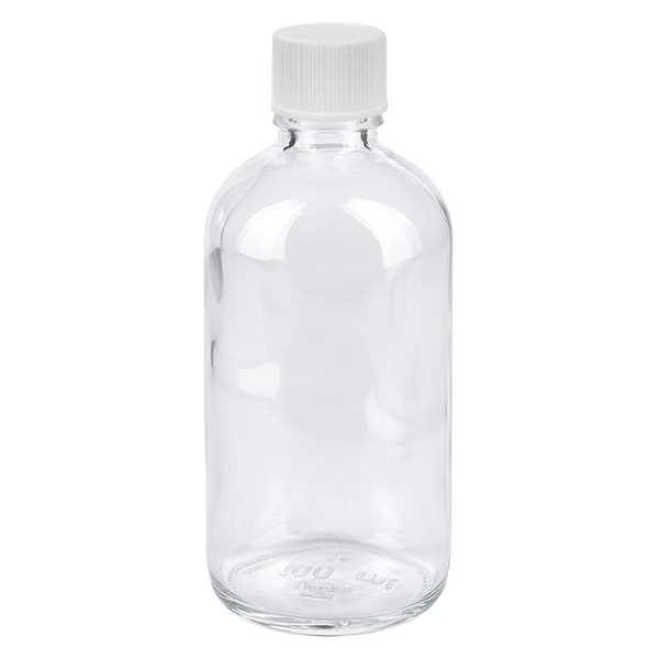 100ml pullo 11mm kierrekorkki valkoinen standardi ClearLine UT18/100 100 ml:n kirkaslasipullo, jossa on valkoinen kierrekorkki, 11 mm, ClearLine-sarja UT18