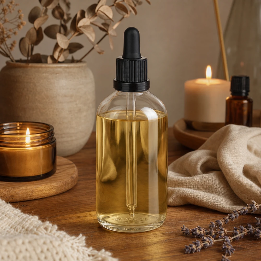 Kultakeltainen kantajaöljy 100 ml:n ClearLine-pipettipullossa UT18, jossa on musta tiputin, puupöydällä