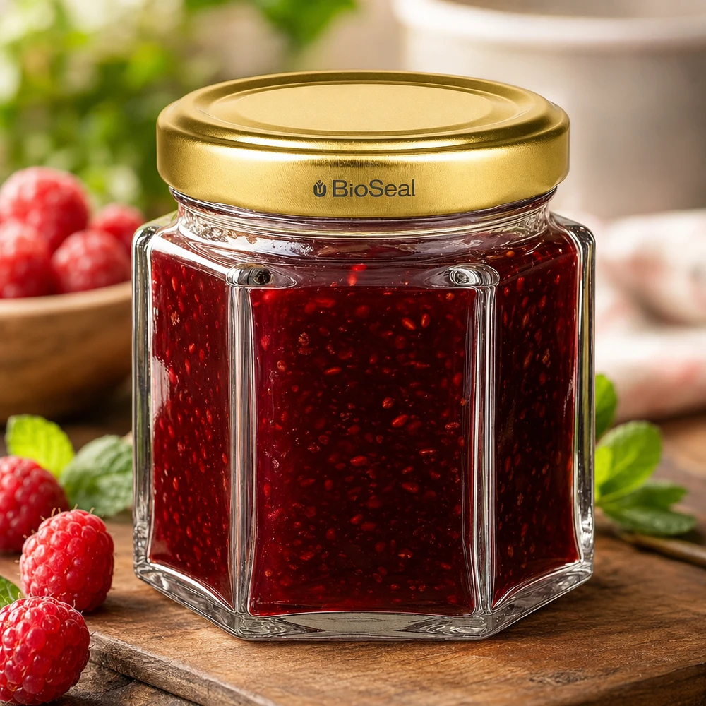 60g Honigglas mit goldenem Deckel BioSeal UNiTWIST Kuusikulmainen 60 g:n hunaja BioSeal-purkki punaisen vadelmahillon kanssa puulauta, joka on koristeltu tuoreilla vadelmilla.