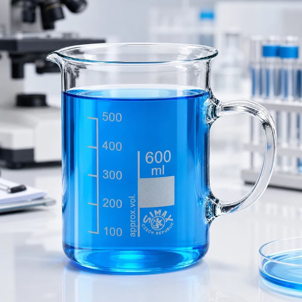 600 ml:n dekantterilasi, kahvallinen Läpinäkyvä, kahvalla varustettu 600 ml:n laboratoriomuki, joka on täytetty sinisellä nesteellä laboratoriossa