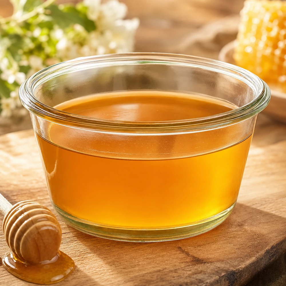 WECK RR100 290ml gourmet-purkki täynnä kultaista hunajaa puupöydällä hunajalusikan ja hunajakennon vieressä.