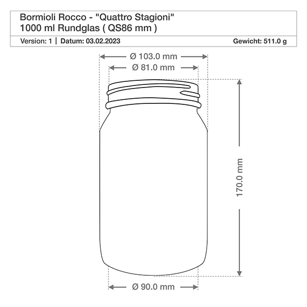 1000ml pyöreä lasinen "Quattro Stagioni" kannella varustettuna. Tekninen piirustus 1000ml Quattro Stagioni pyöreä lasi, jonka mitat ovat halkaisija korkeus 170mm Bormioli Rocco eritelmä