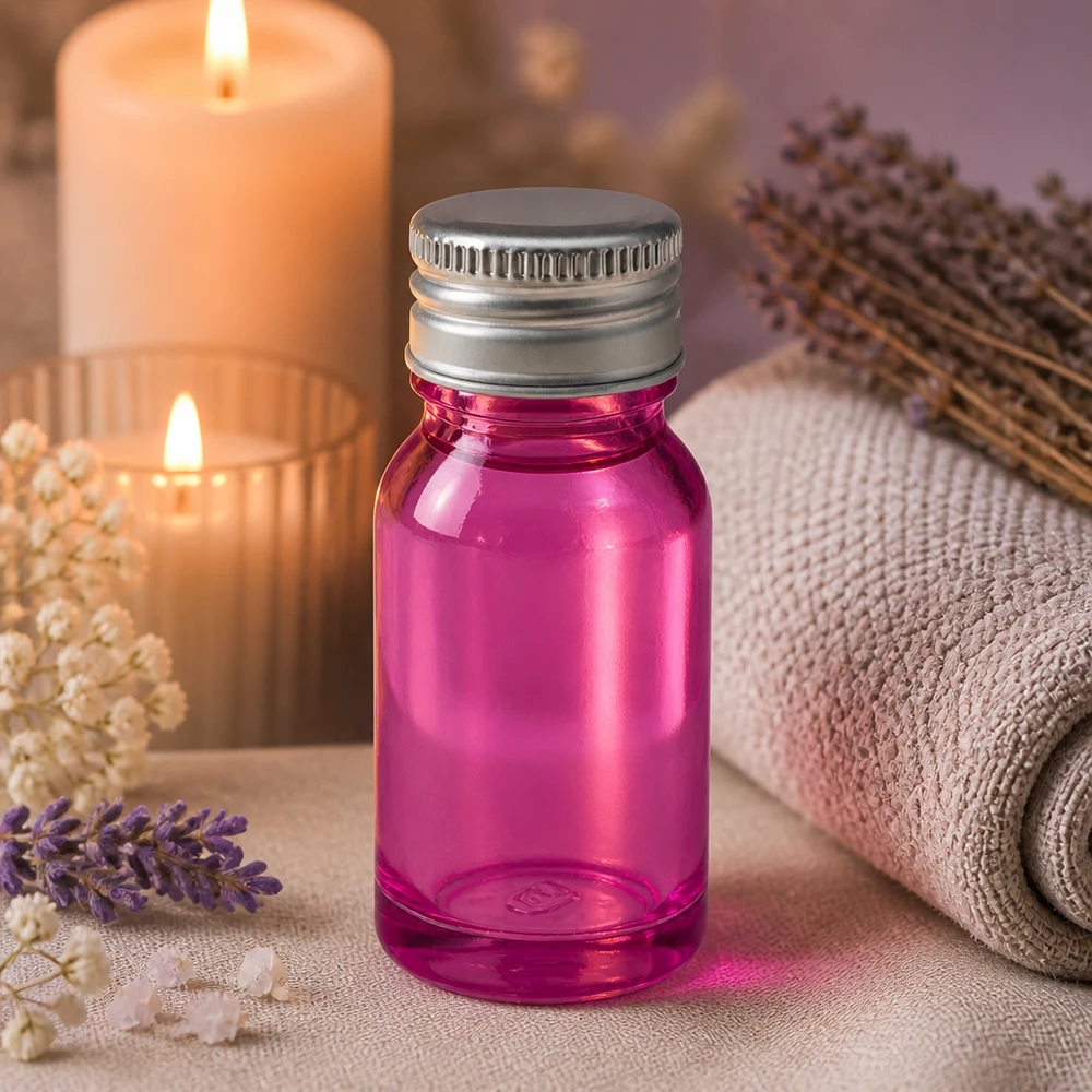 10ml pullo 11mm ruuvikorkki alumiini-hopea vakio PurpleLine.UT18/10 Violetti 10ml lasipullo, jossa on 11mm aukko ja hopeinen alumiinikansi wellness- ja spa-tuotteisiin.